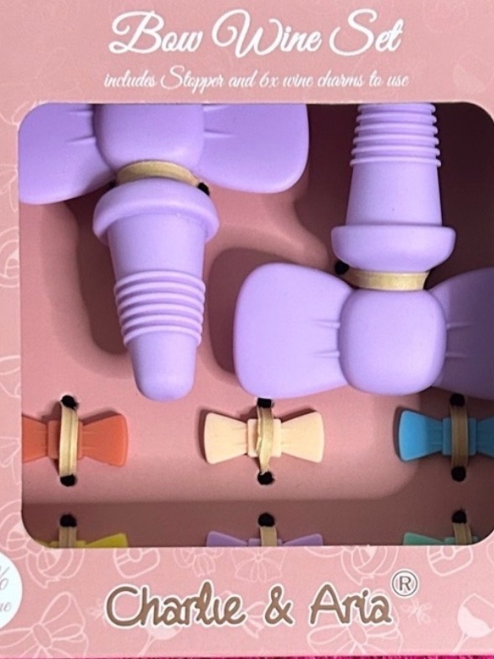 Charlie & Aria Bow Wine Stopper Set Purple & 6 Multi-Color Wine Glass Charms NWT